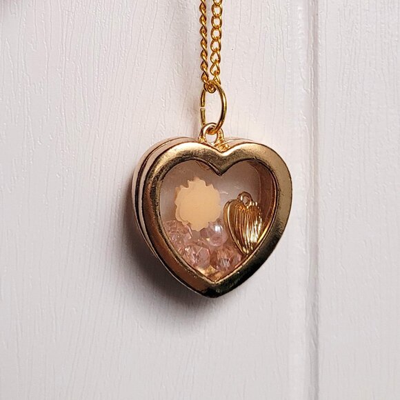 Fun Gold Plated Locket Necklace with Peach Flower, Pink Beads and Gold Heart - Picture 7 of 13